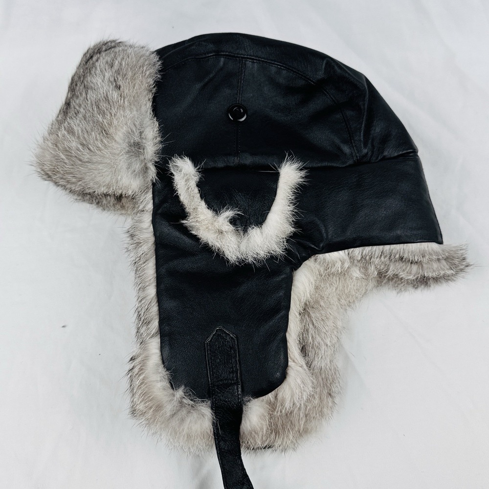 Crown Cap Leather Rabbit Fur Trapper Hat Black Aviator Winter Ear Flap M Canada